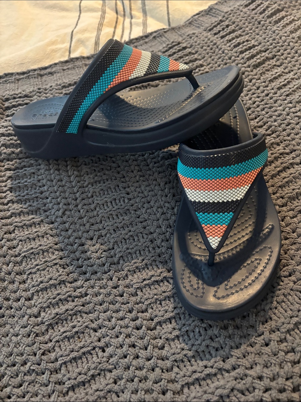 CROCS Navy Wedge Flip Flops with Turquoise, Coral & White Stripes (7)
